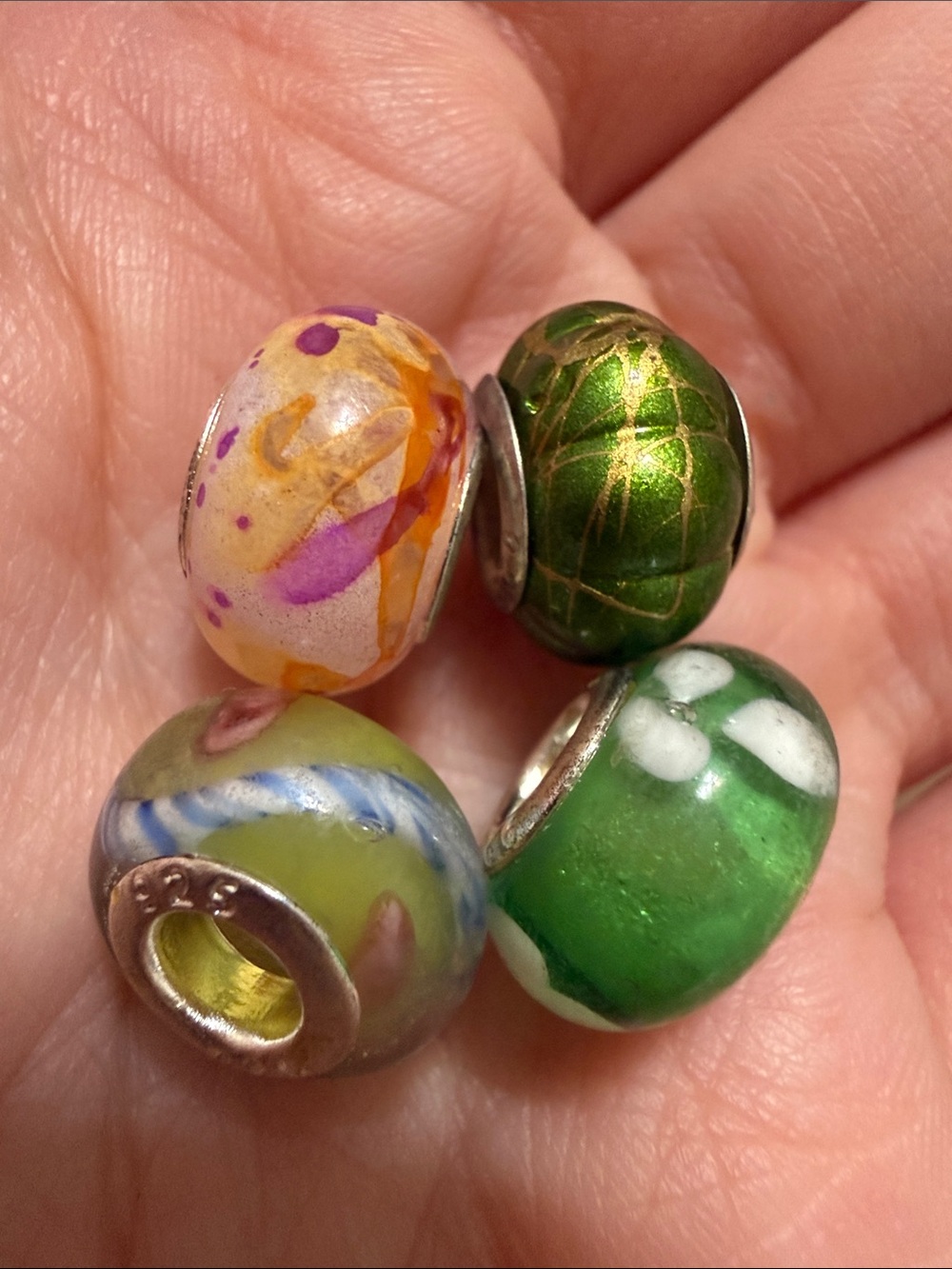 Sterling silver 925 Multicolored Glass Charm Beads Set of 4